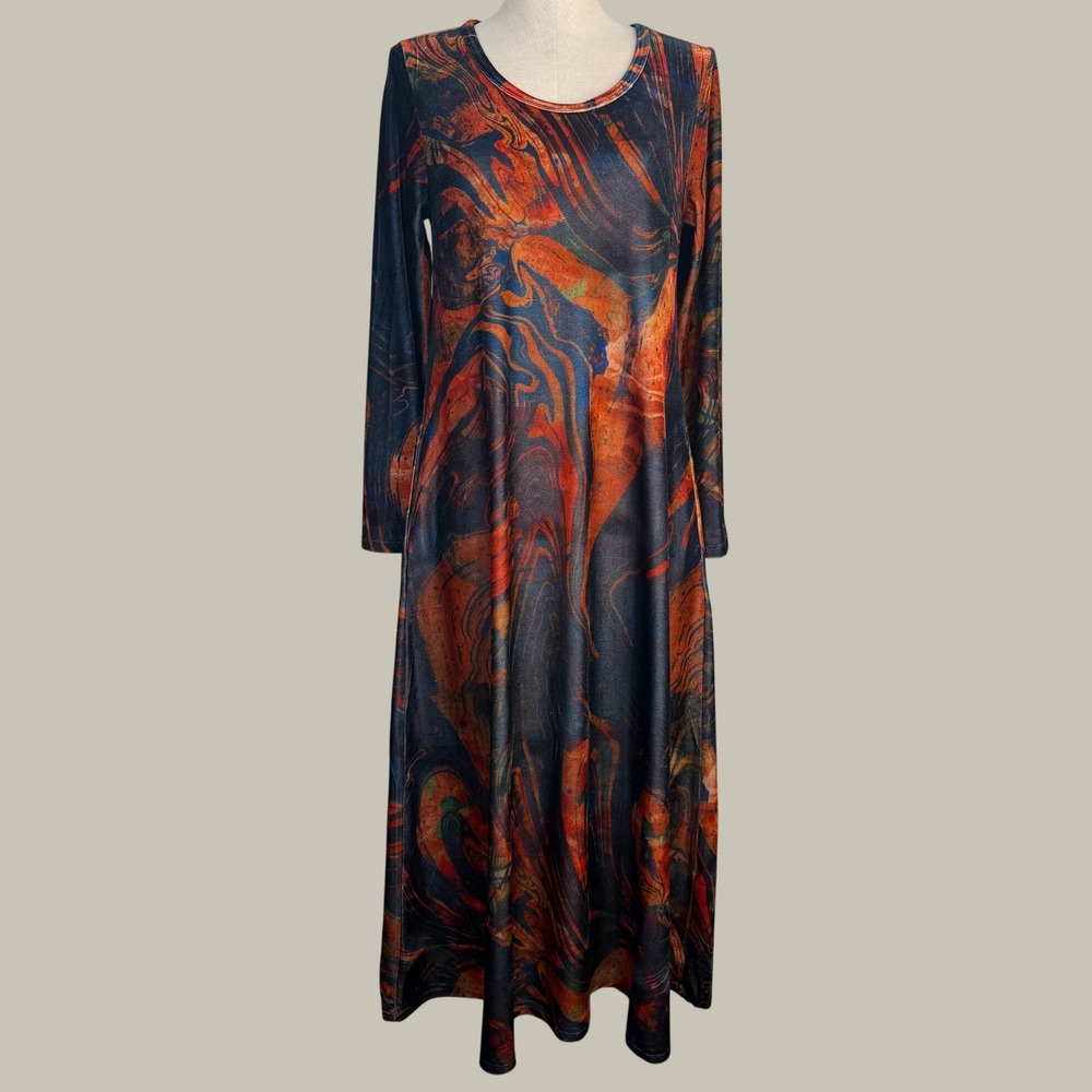 Soft Surroundings Santiago Stretch Velvet Marble Print Maxi Dress Long Sleeve M - Picture 2 of 9